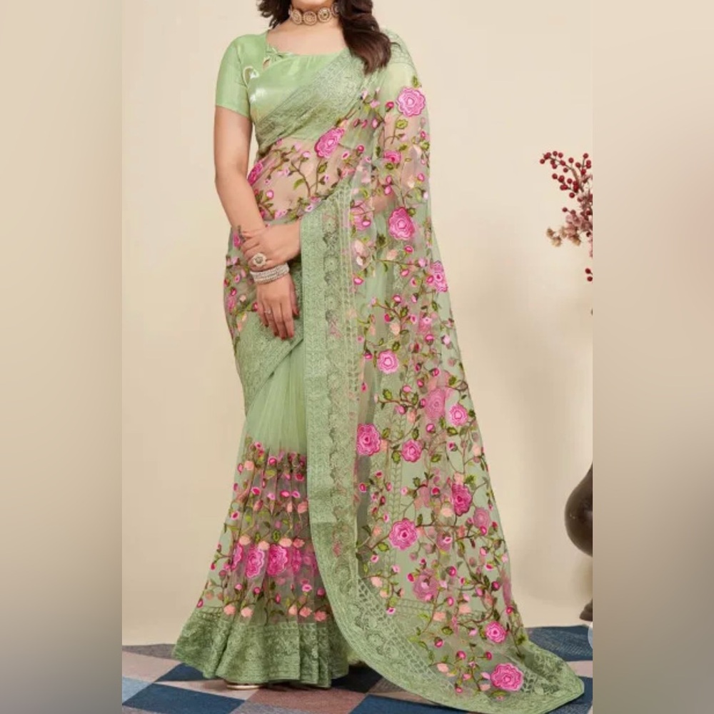 Elegant Green and Pink Floral Saree with Top